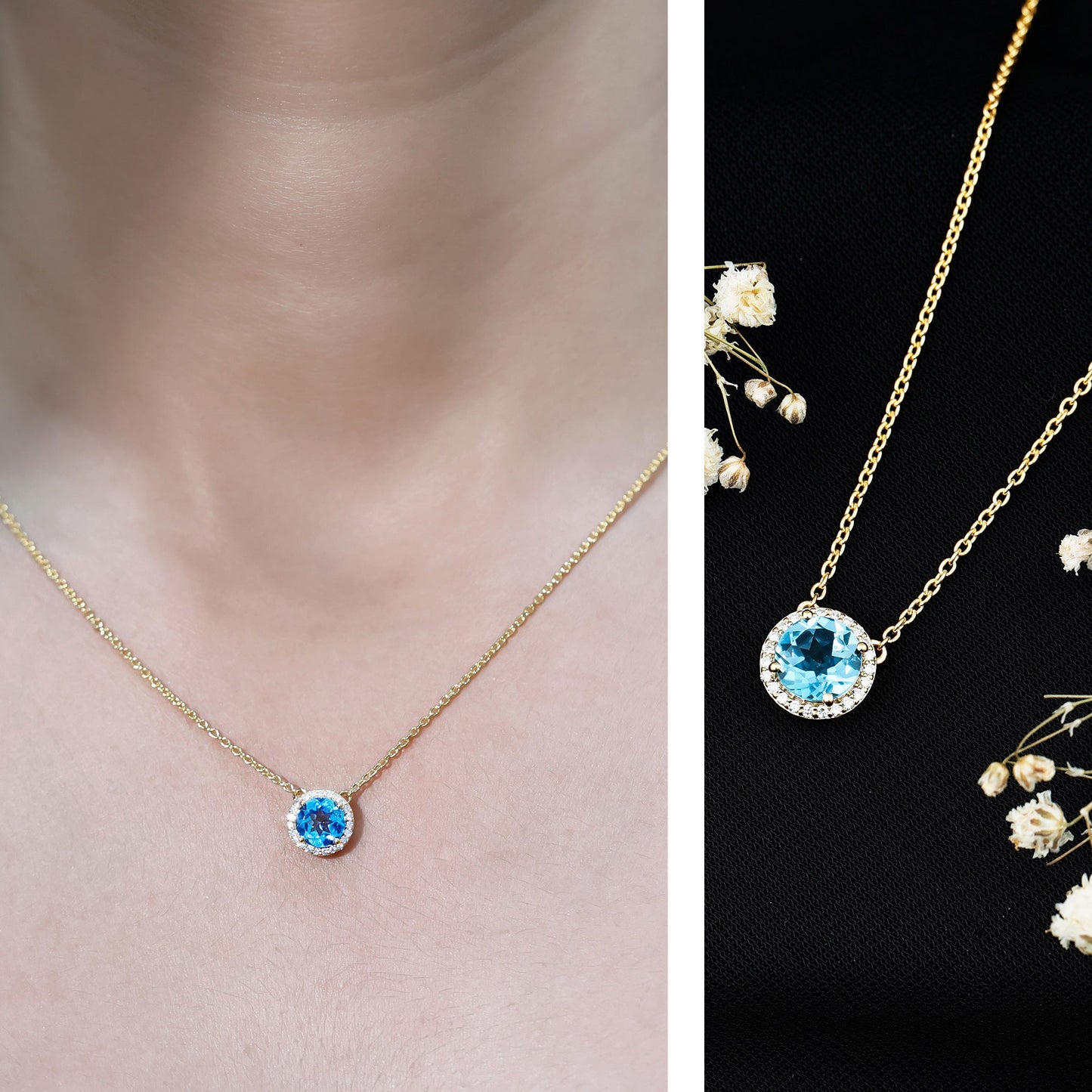 Natural 1.5 Carat Swiss Blue Topaz Chain Necklace with Diamond Halo