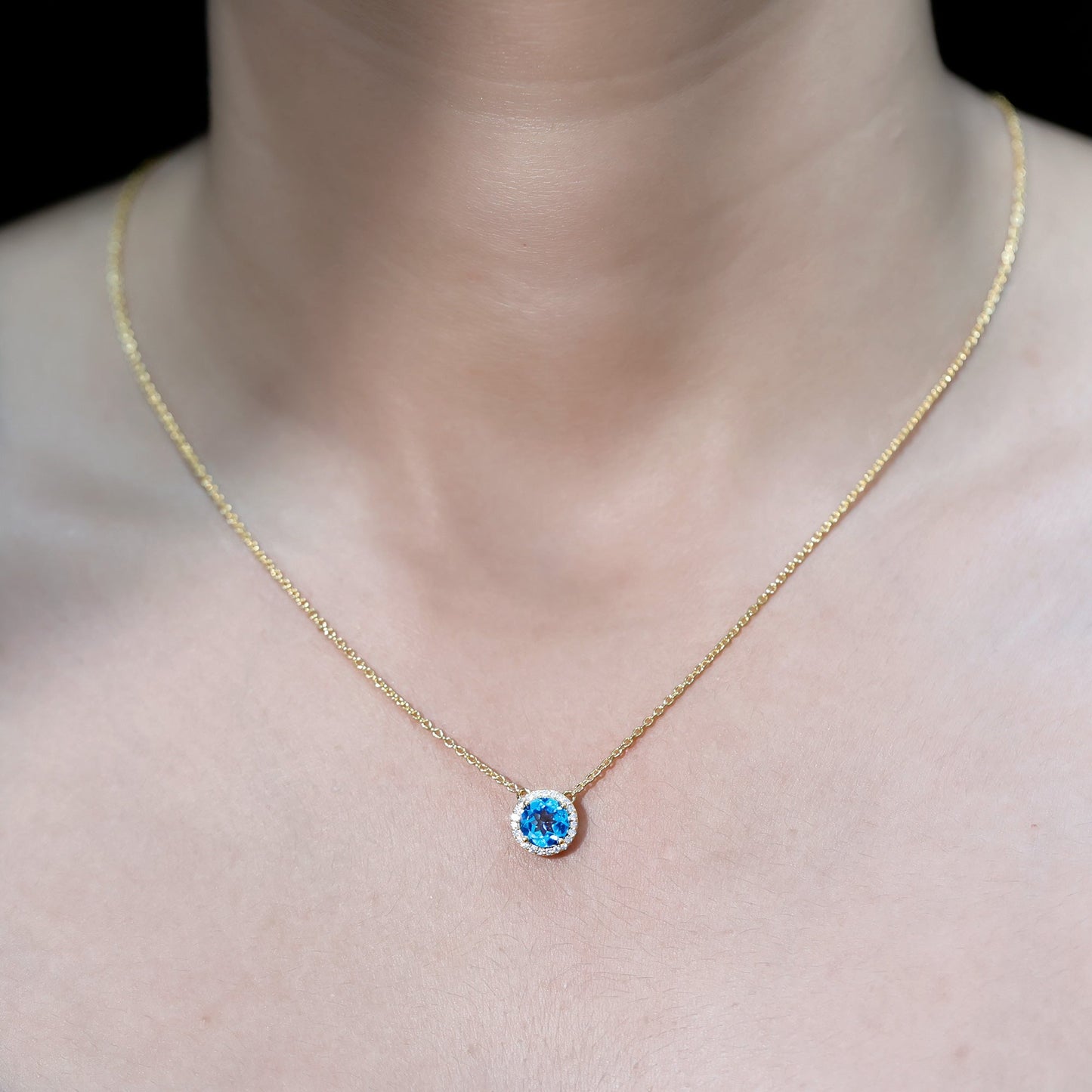 Natural 1.5 Carat Swiss Blue Topaz Chain Necklace with Diamond Halo