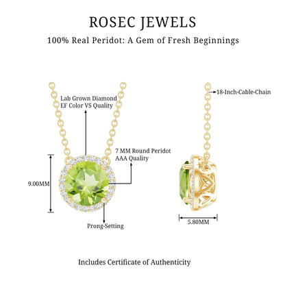 Genuine 2 Carat Peridot and Diamond Halo Necklace
