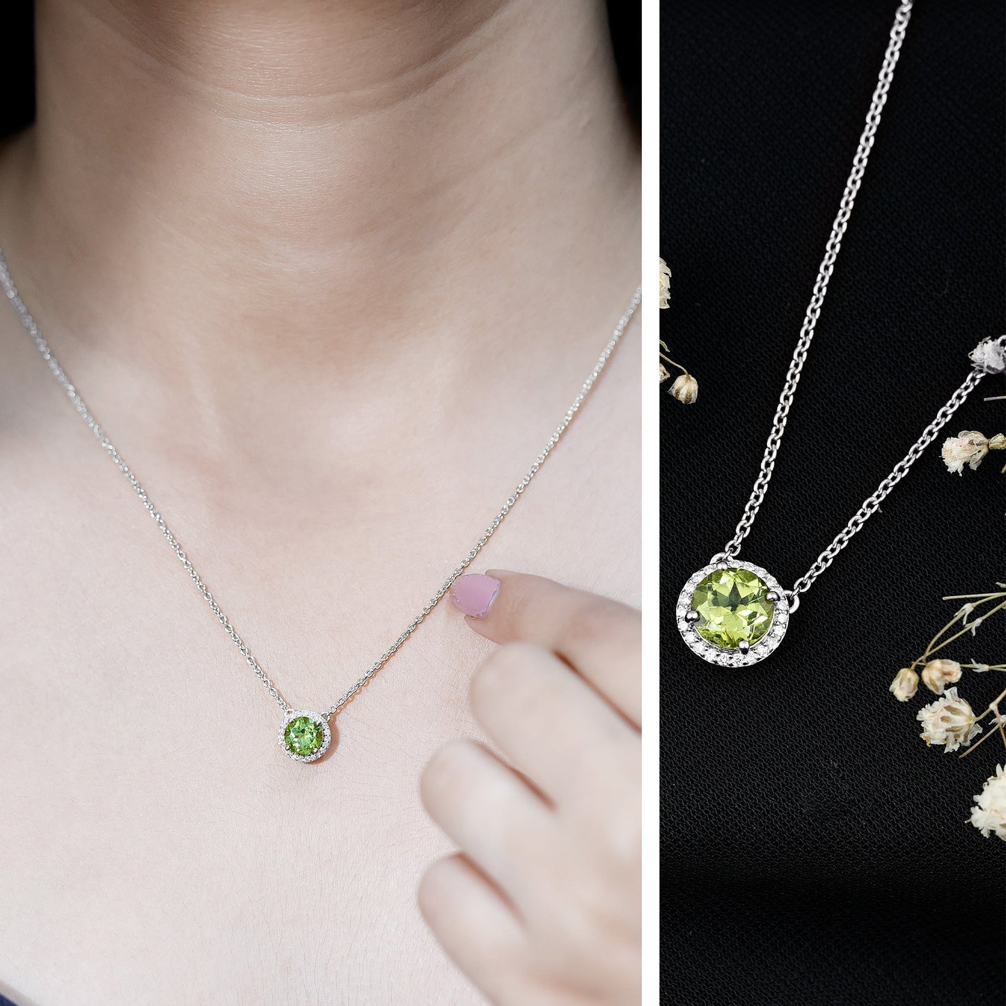 Genuine 2 Carat Peridot and Diamond Halo Necklace