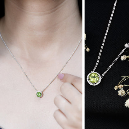 Genuine 2 Carat Peridot and Diamond Halo Necklace
