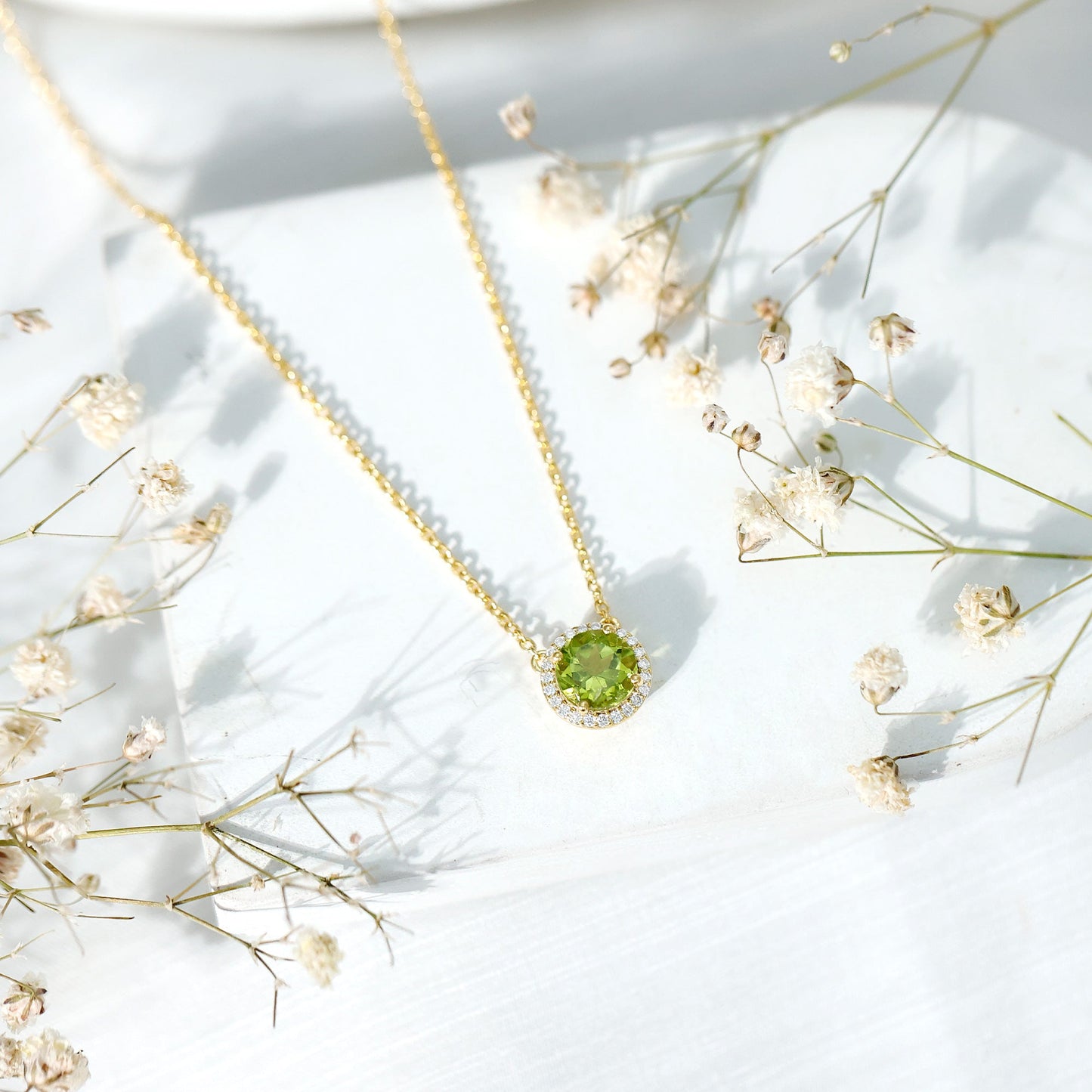 Genuine 2 Carat Peridot and Diamond Halo Necklace