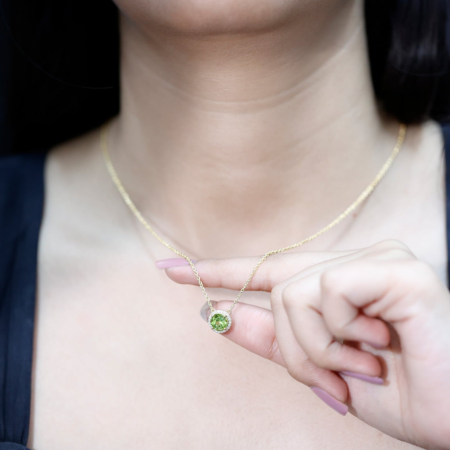 Genuine 2 Carat Peridot and Diamond Halo Necklace