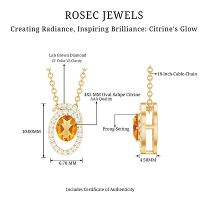 Genuine Oval Shape Citrine Necklace with Lab Diamond in Yellow Gold Plated Silver