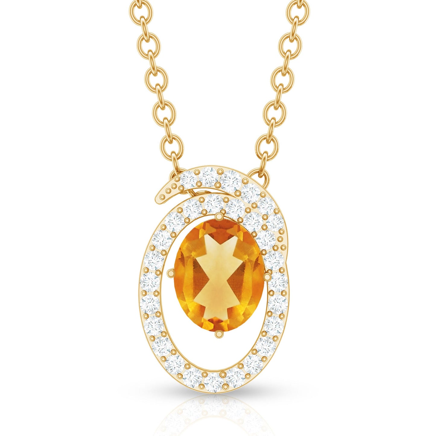 Genuine Oval Shape Citrine Necklace with Lab Diamond in Yellow Gold Plated Silver