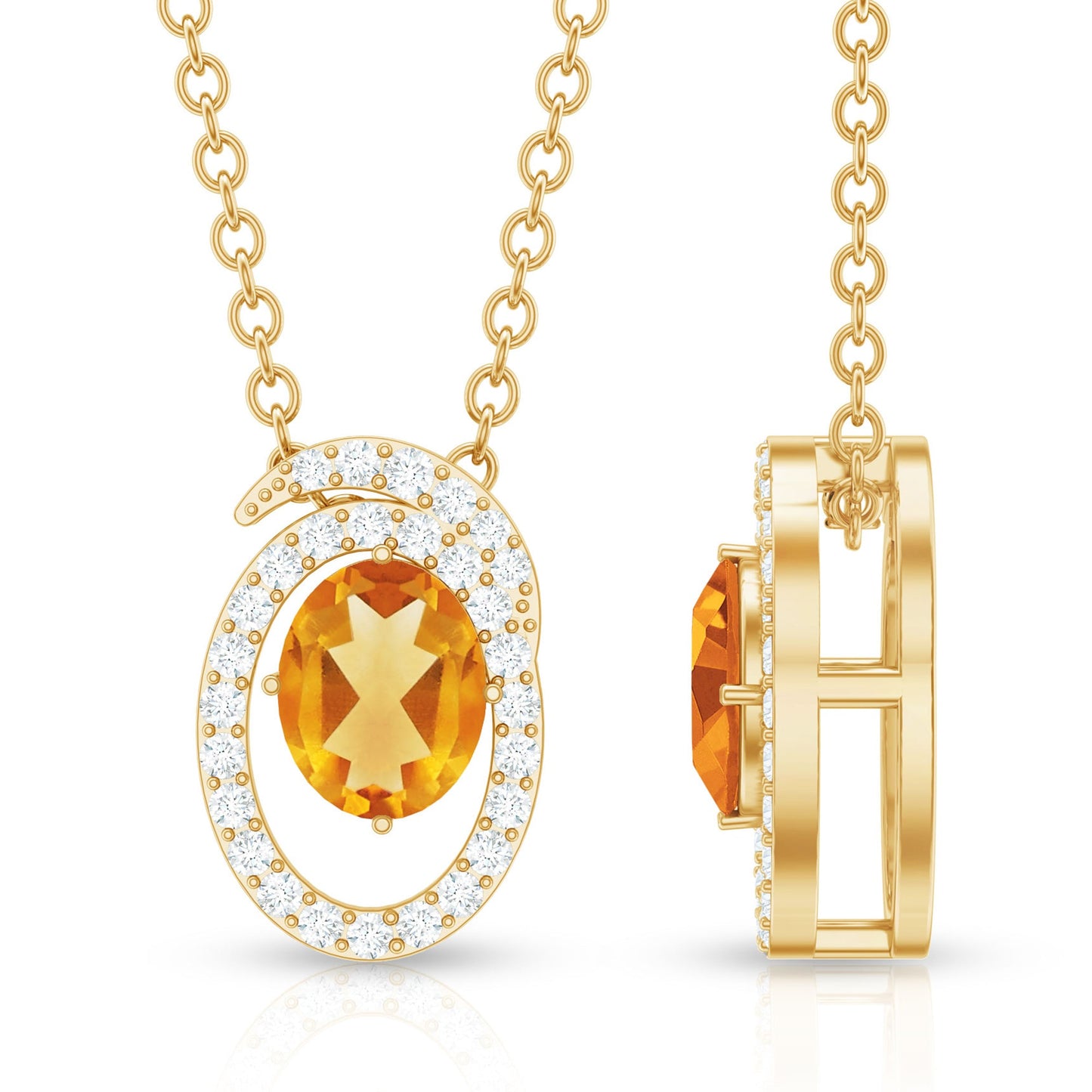 Genuine Oval Shape Citrine Necklace with Lab Diamond in Yellow Gold Plated Silver