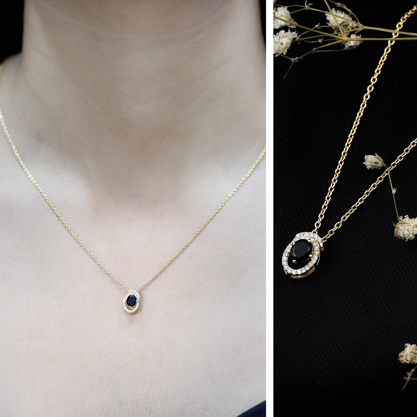 Natural Oval Shape Black Onyx Necklace with Lab Diamond