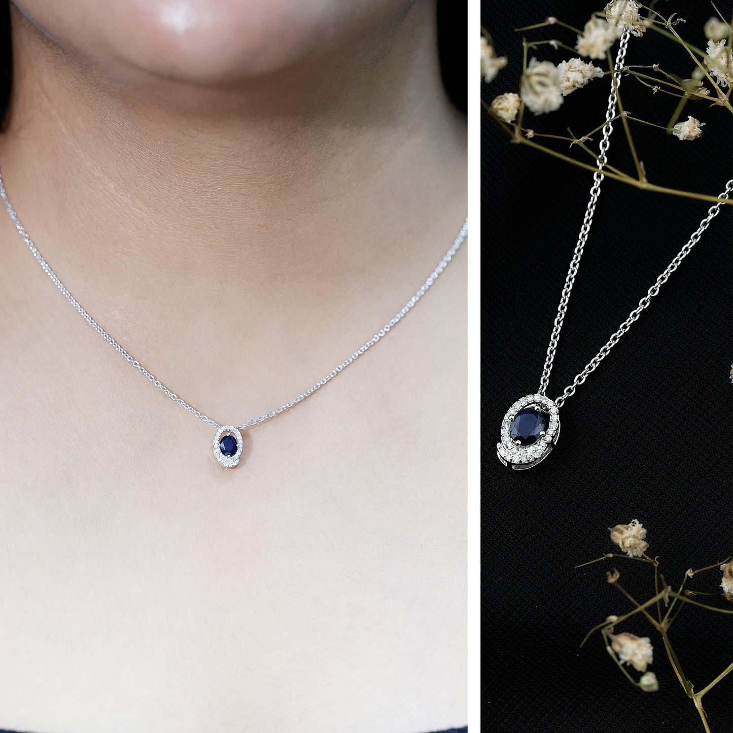 Certified Oval Shape Blue Sapphire Diamond Pendant Necklace with Chain