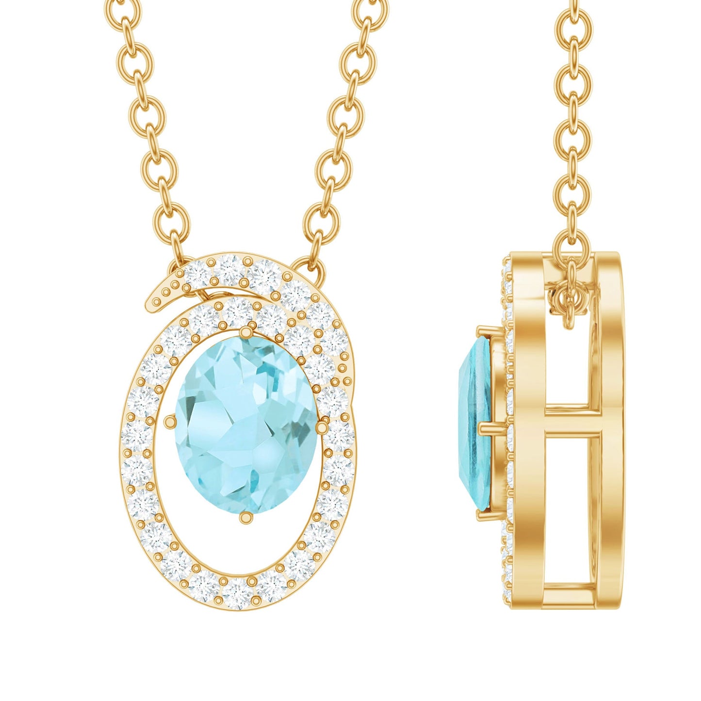 Natural Oval Sky Blue Topaz Diamond Necklace with Silver Chain