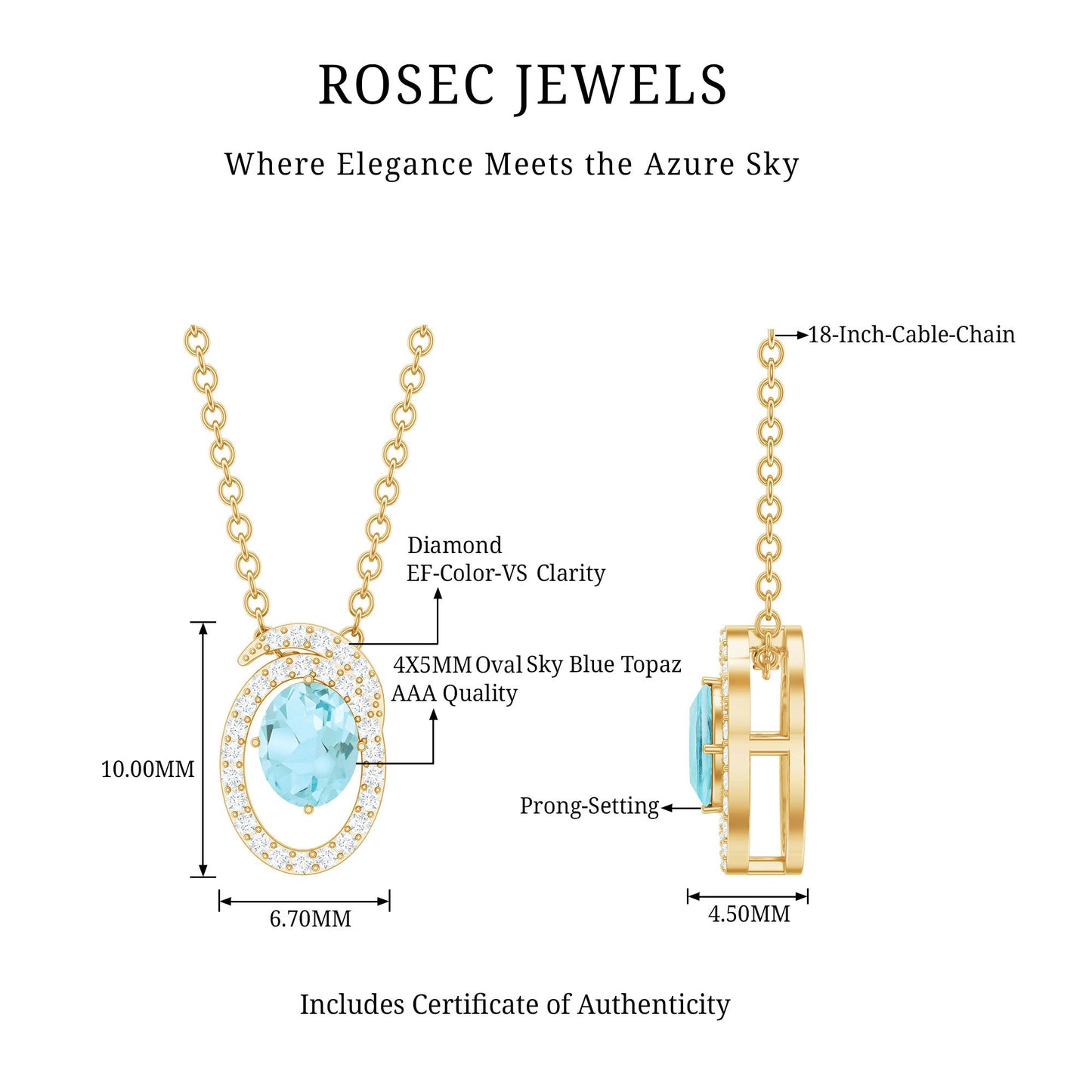 Natural Oval Sky Blue Topaz Diamond Necklace with Silver Chain