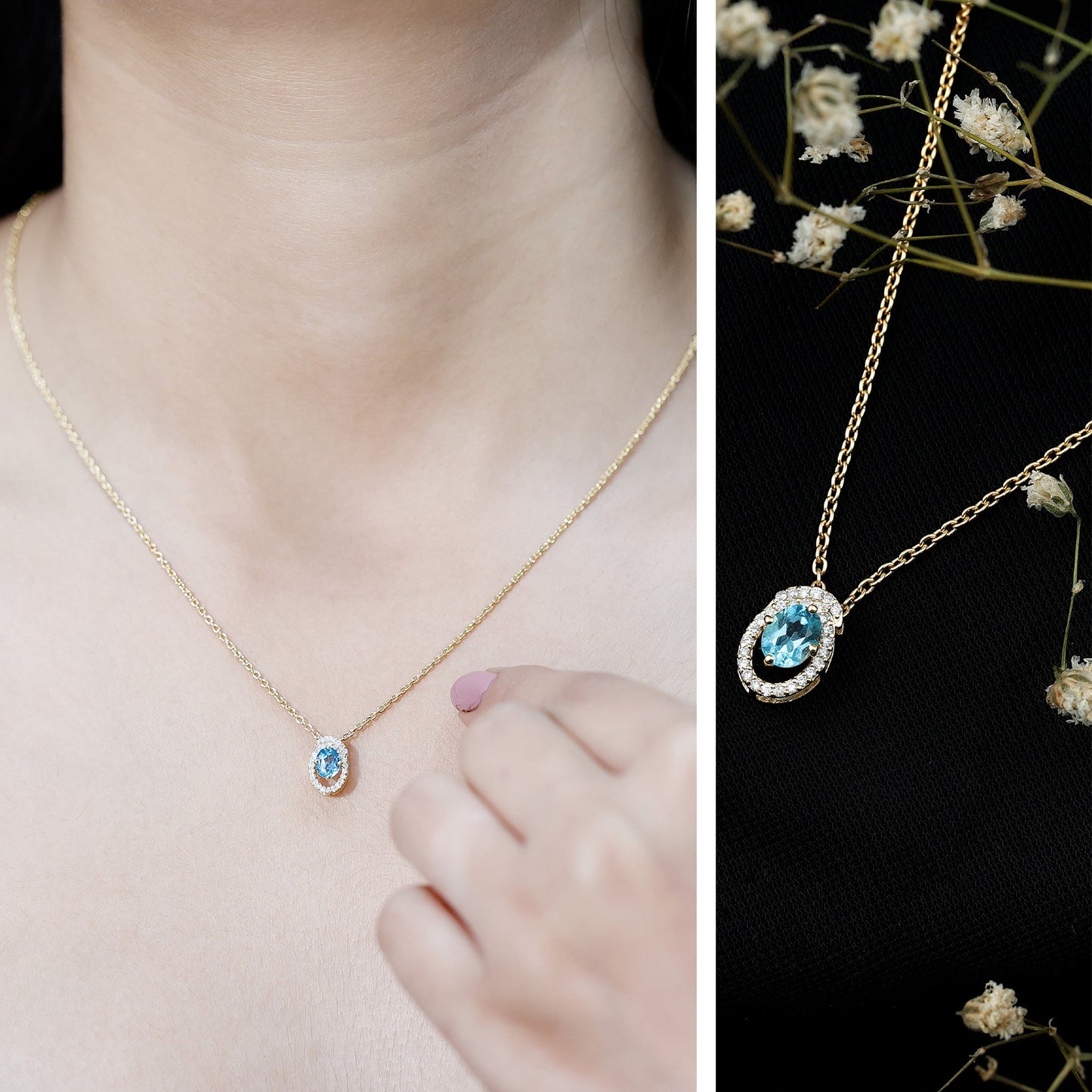 Natural Oval Sky Blue Topaz Diamond Necklace with Silver Chain