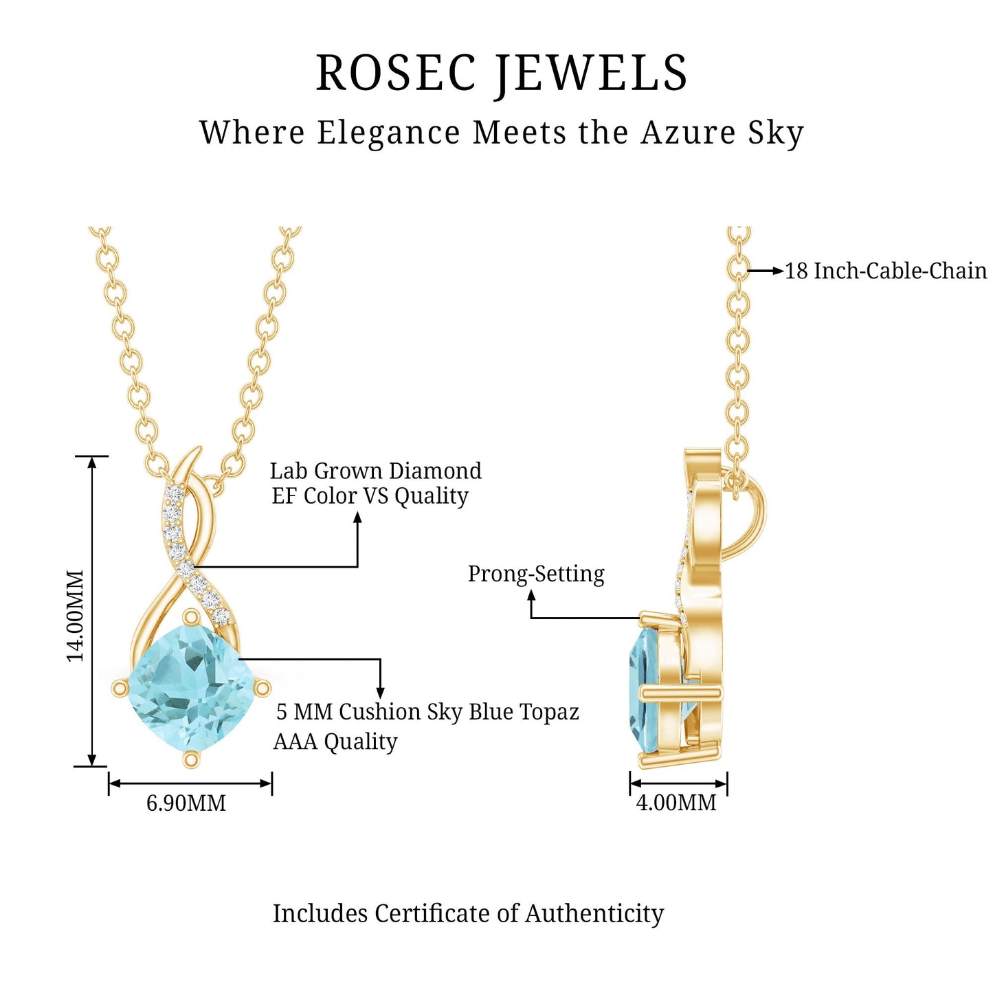 0.5 CT Cushion Cut Sky Blue Topaz Infinity Necklace with Silver Chain