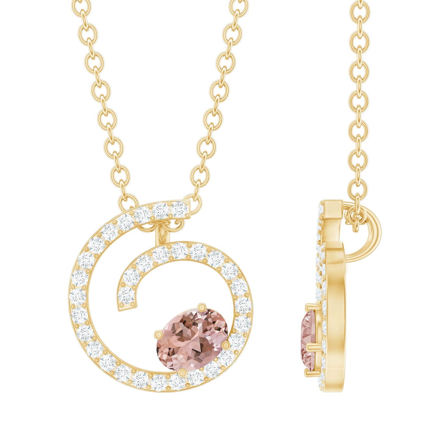 Yellow Gold Plated Silver Morganite Swirl Necklace with Lab Diamond