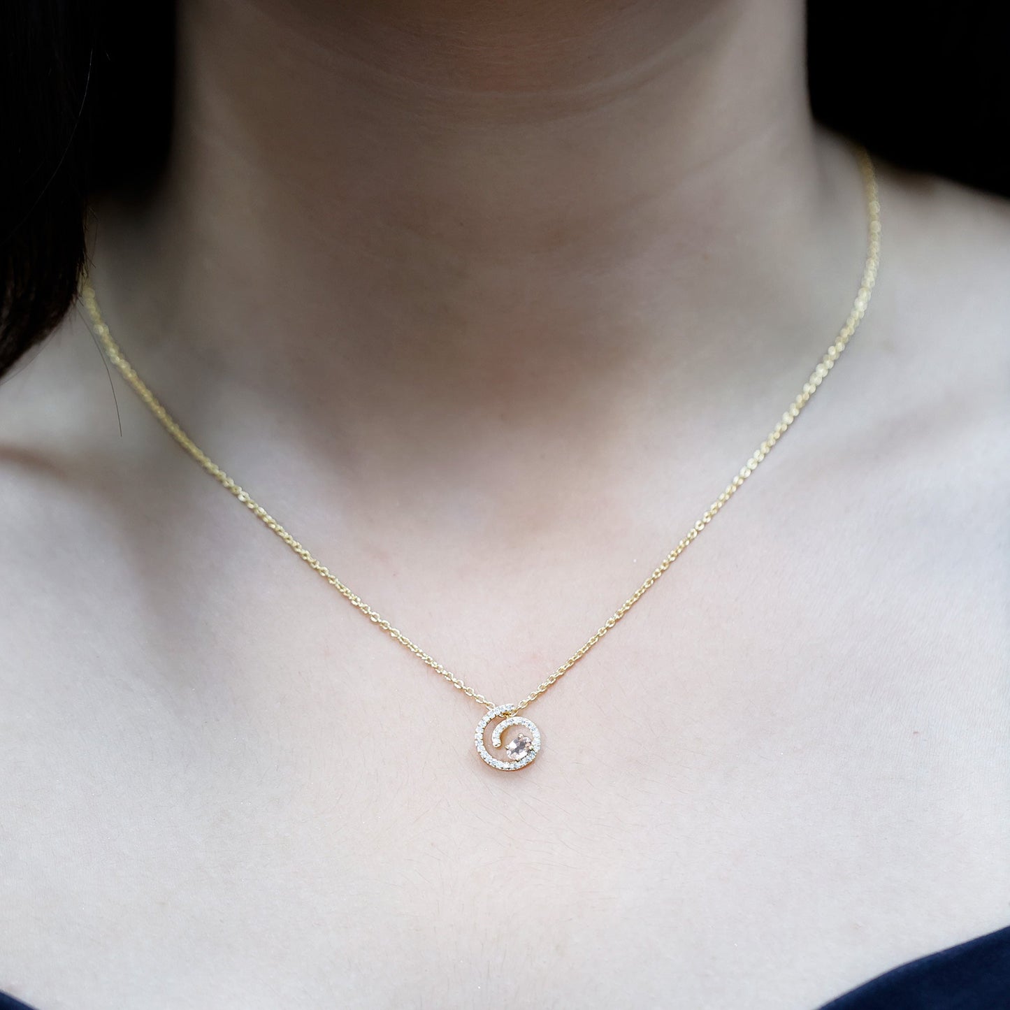 Yellow Gold Plated Silver Morganite Swirl Necklace with Lab Diamond