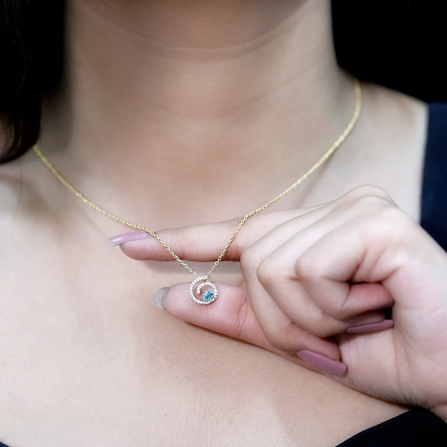 Genuine Sky Blue Topaz and Diamond Swirl Necklace with Silver Chain