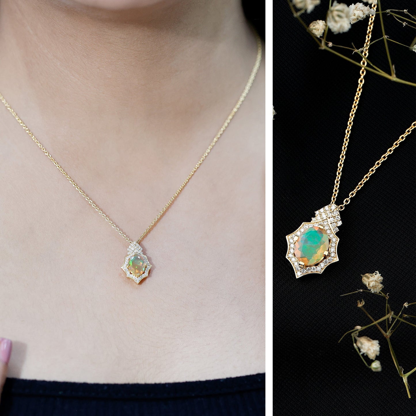 Natural 2 Carat Ethiopian Opal Vintage Necklace with Diamond