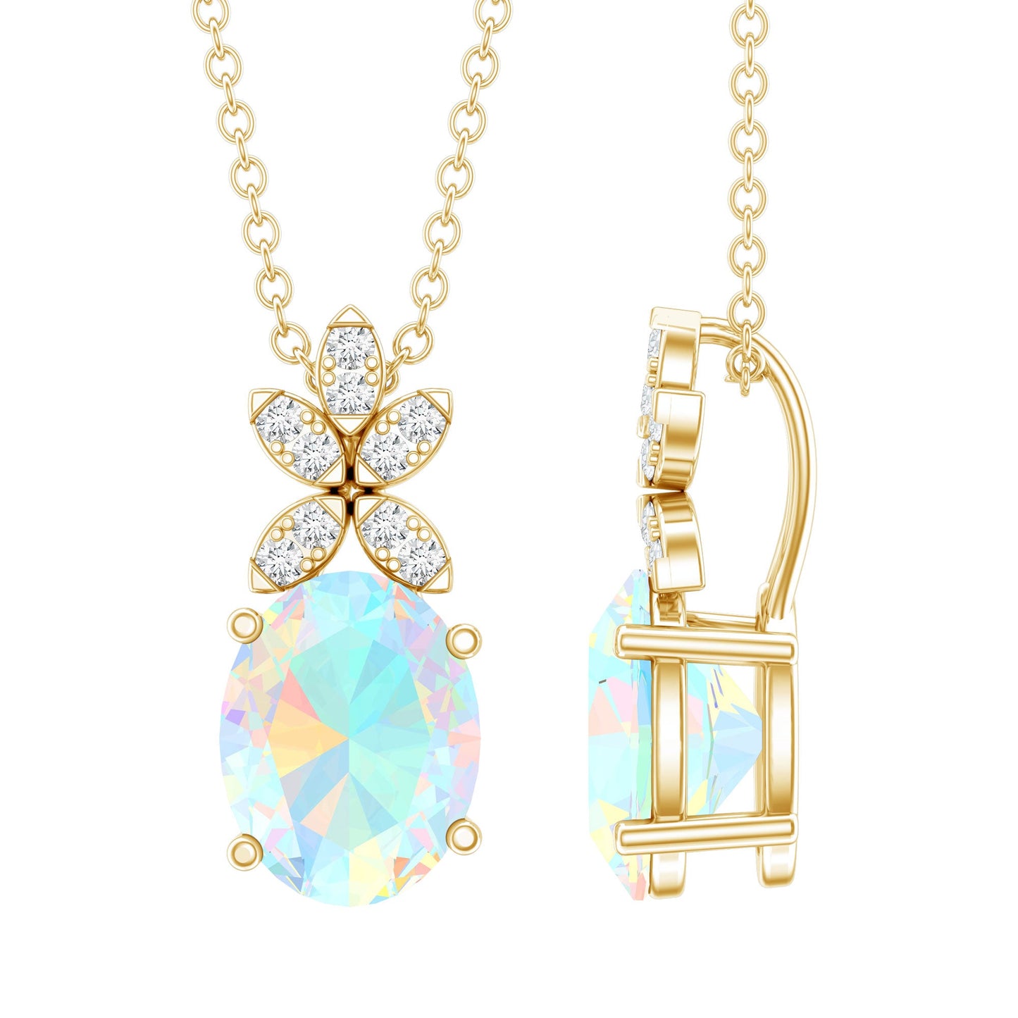 2 Carat Oval Shaped Ethiopian Opal and Diamond Flower Necklace with Chain