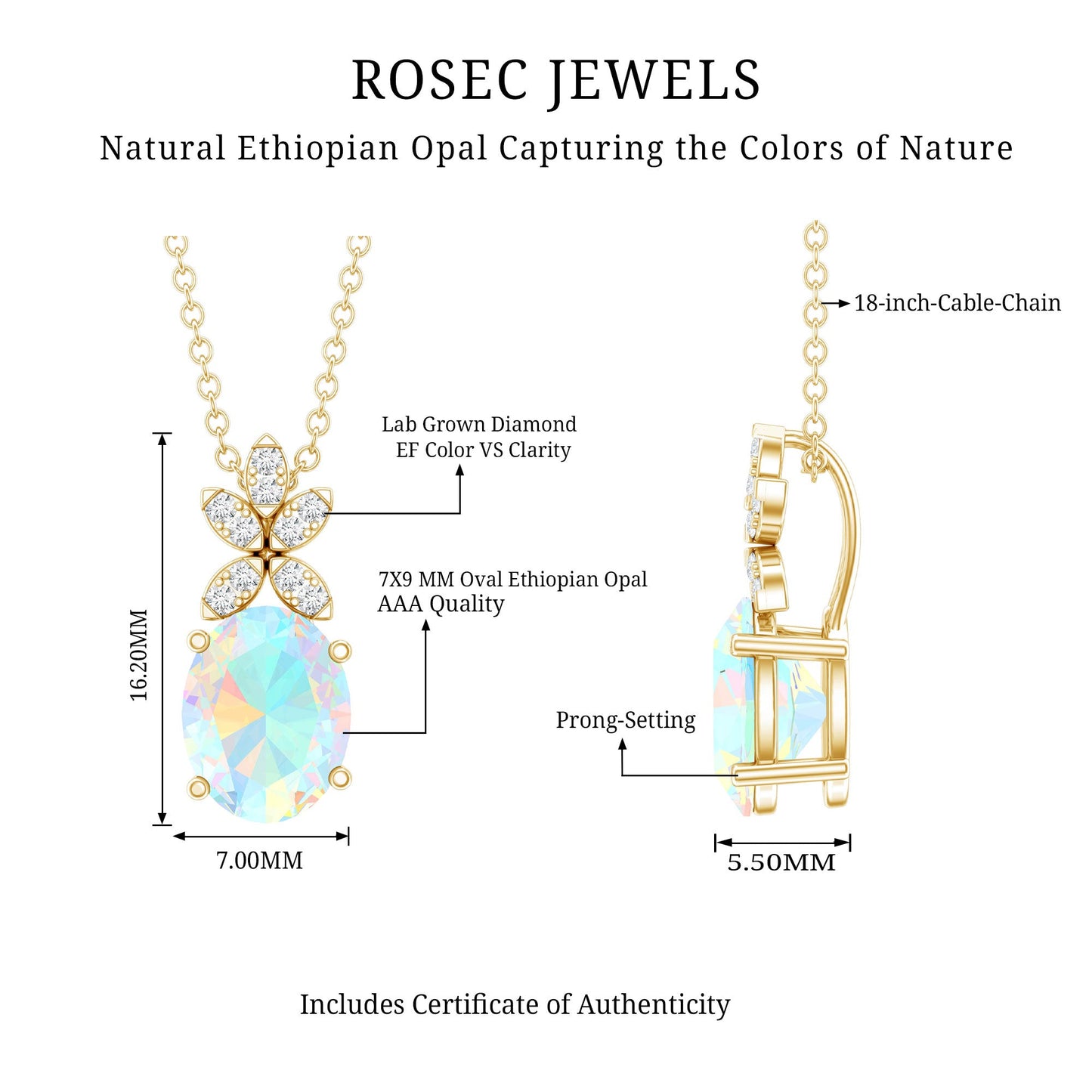 2 Carat Oval Shaped Ethiopian Opal and Diamond Flower Necklace with Chain