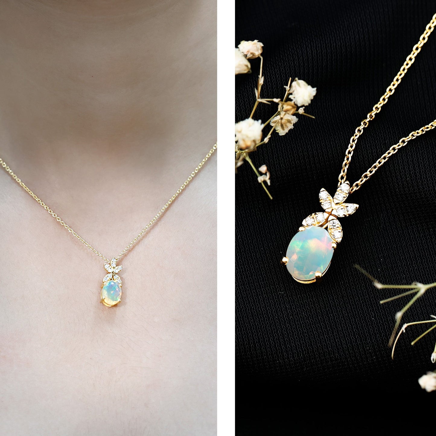 2 Carat Oval Shaped Ethiopian Opal and Diamond Flower Necklace with Chain