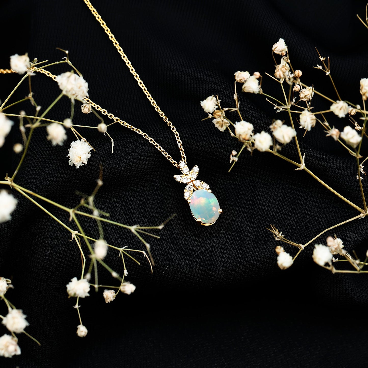 2 Carat Oval Shaped Ethiopian Opal and Diamond Flower Necklace with Chain
