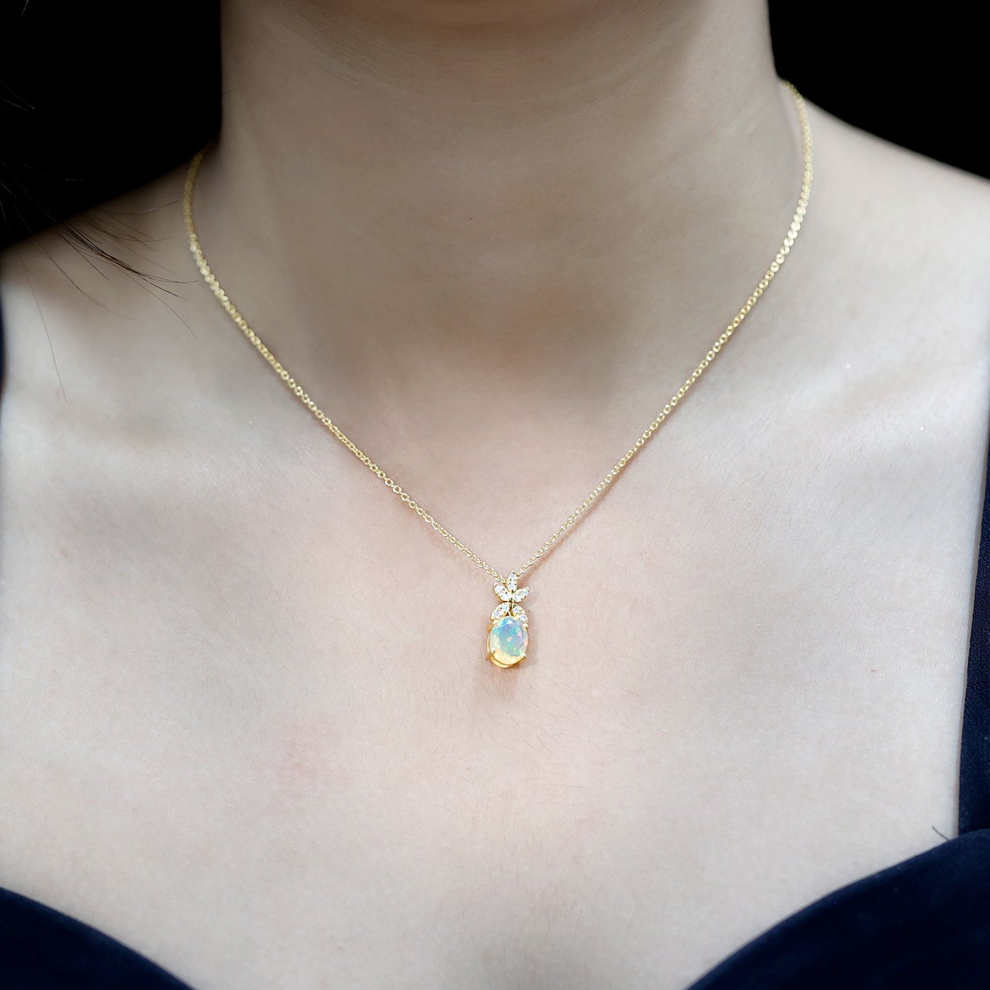 2 Carat Oval Shaped Ethiopian Opal and Diamond Flower Necklace with Chain