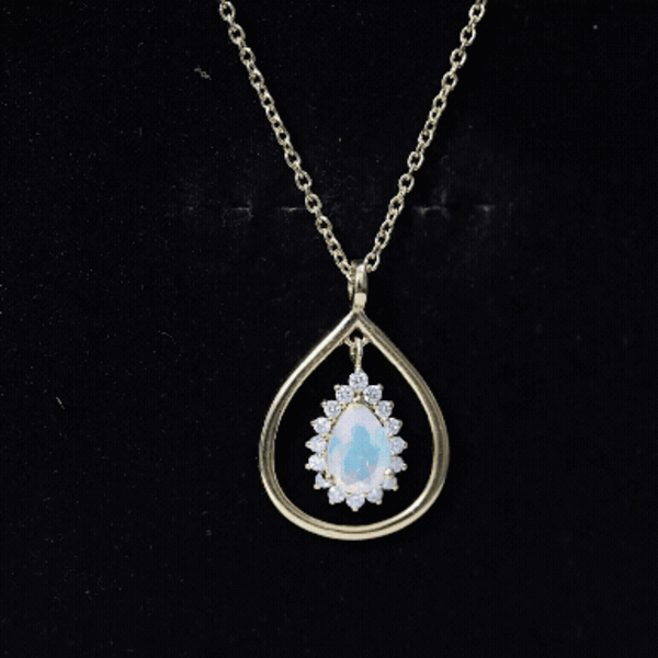 Natural 0.6 Carat Ethiopian Opal Teardrop Pendant Necklace with Lab Diamond Halo