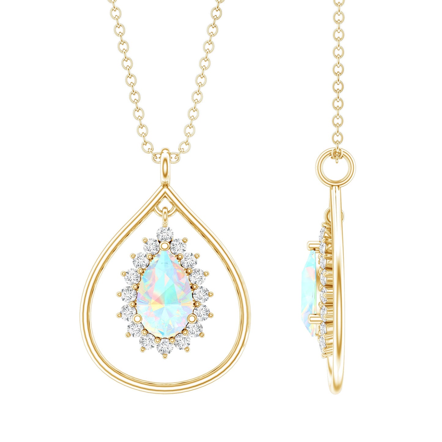 Natural 0.6 Carat Ethiopian Opal Teardrop Pendant Necklace with Lab Diamond Halo