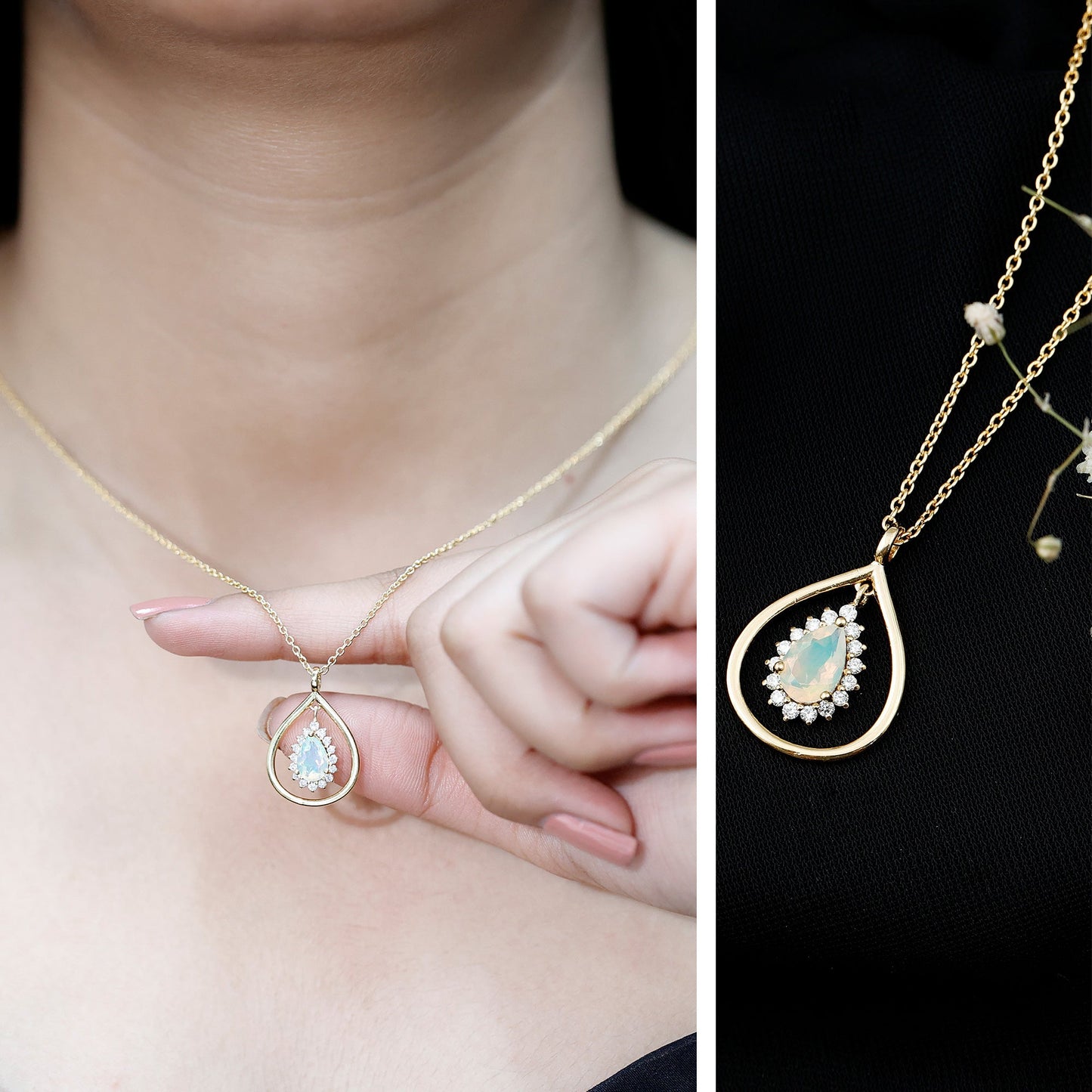Natural 0.6 Carat Ethiopian Opal Teardrop Pendant Necklace with Lab Diamond Halo