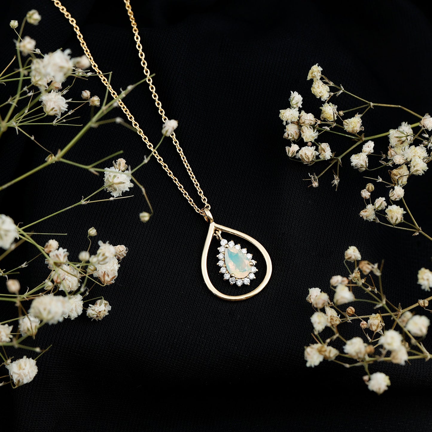 Natural 0.6 Carat Ethiopian Opal Teardrop Pendant Necklace with Lab Diamond Halo