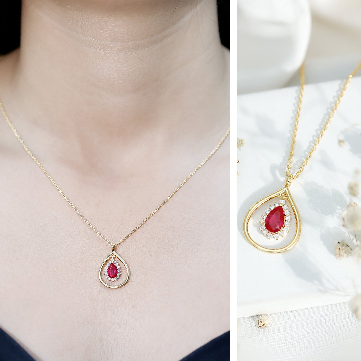 1.3 Carat Lab Grown Ruby Teardrop Necklace with Lab Diamond