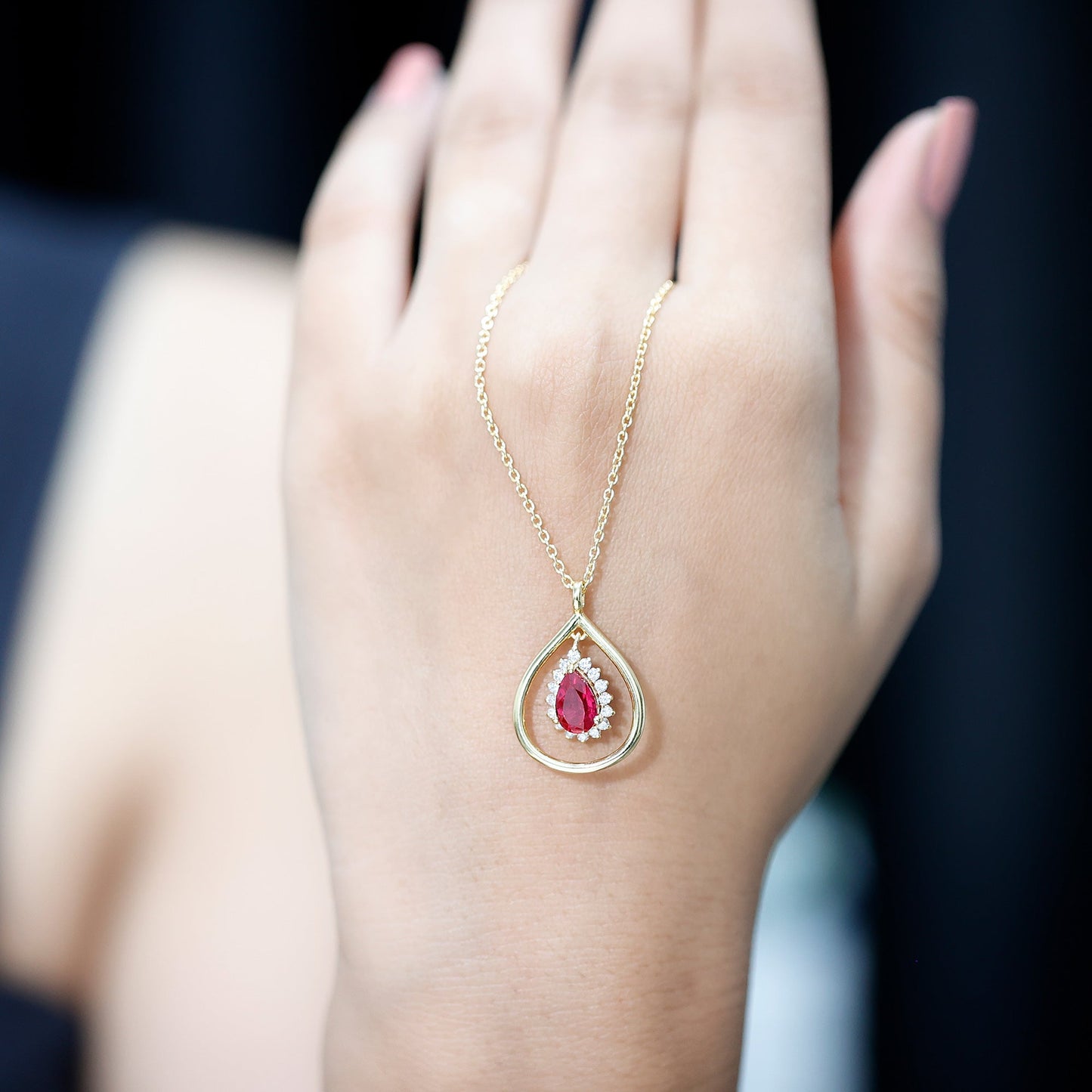 1.3 Carat Lab Grown Ruby Teardrop Necklace with Lab Diamond