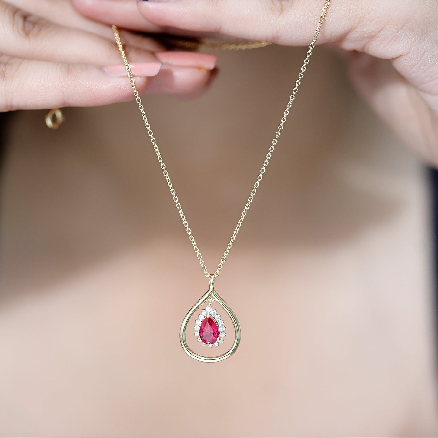 1.3 Carat Lab Grown Ruby Teardrop Necklace with Lab Diamond