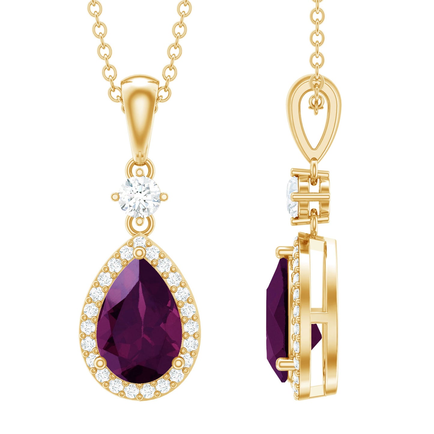 Certified 1.5 Carat Rhodolite Teardrop Necklace with Diamond Halo