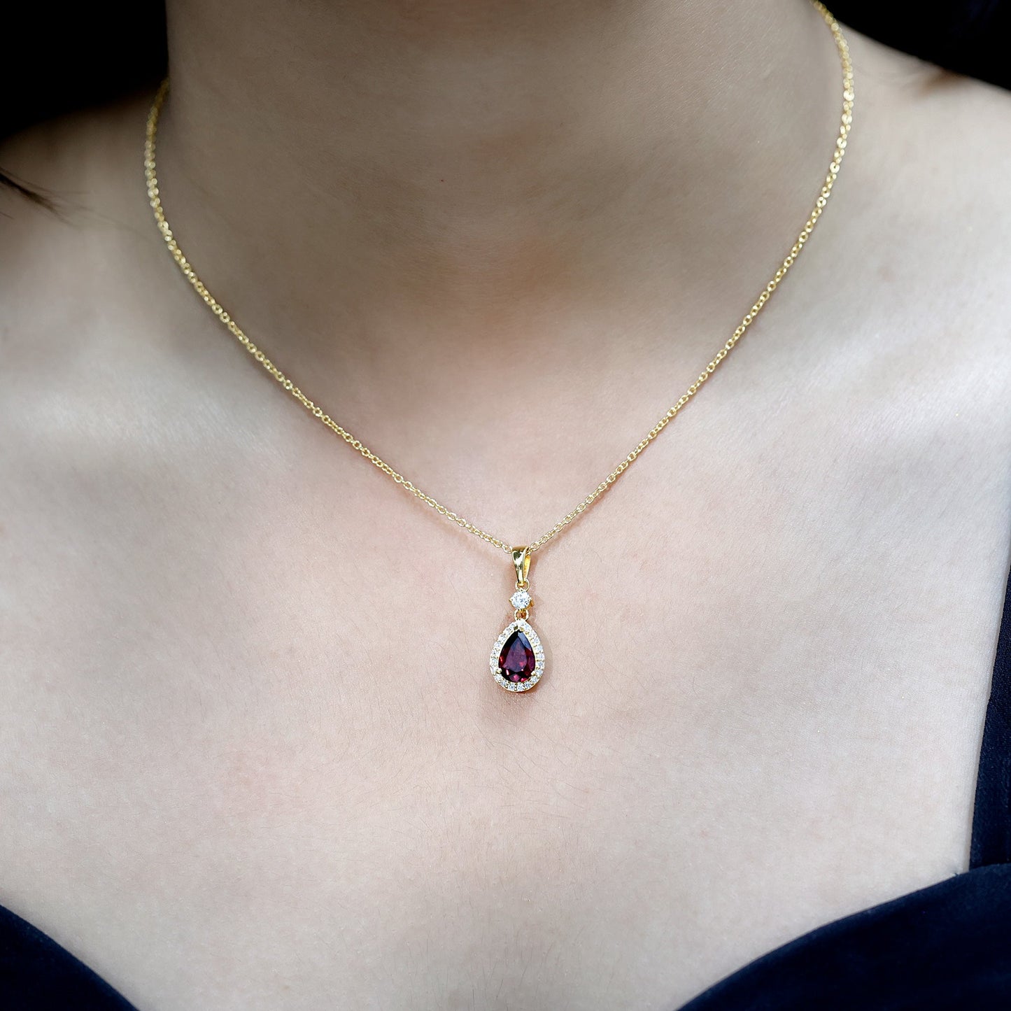 Certified 1.5 Carat Rhodolite Teardrop Necklace with Diamond Halo
