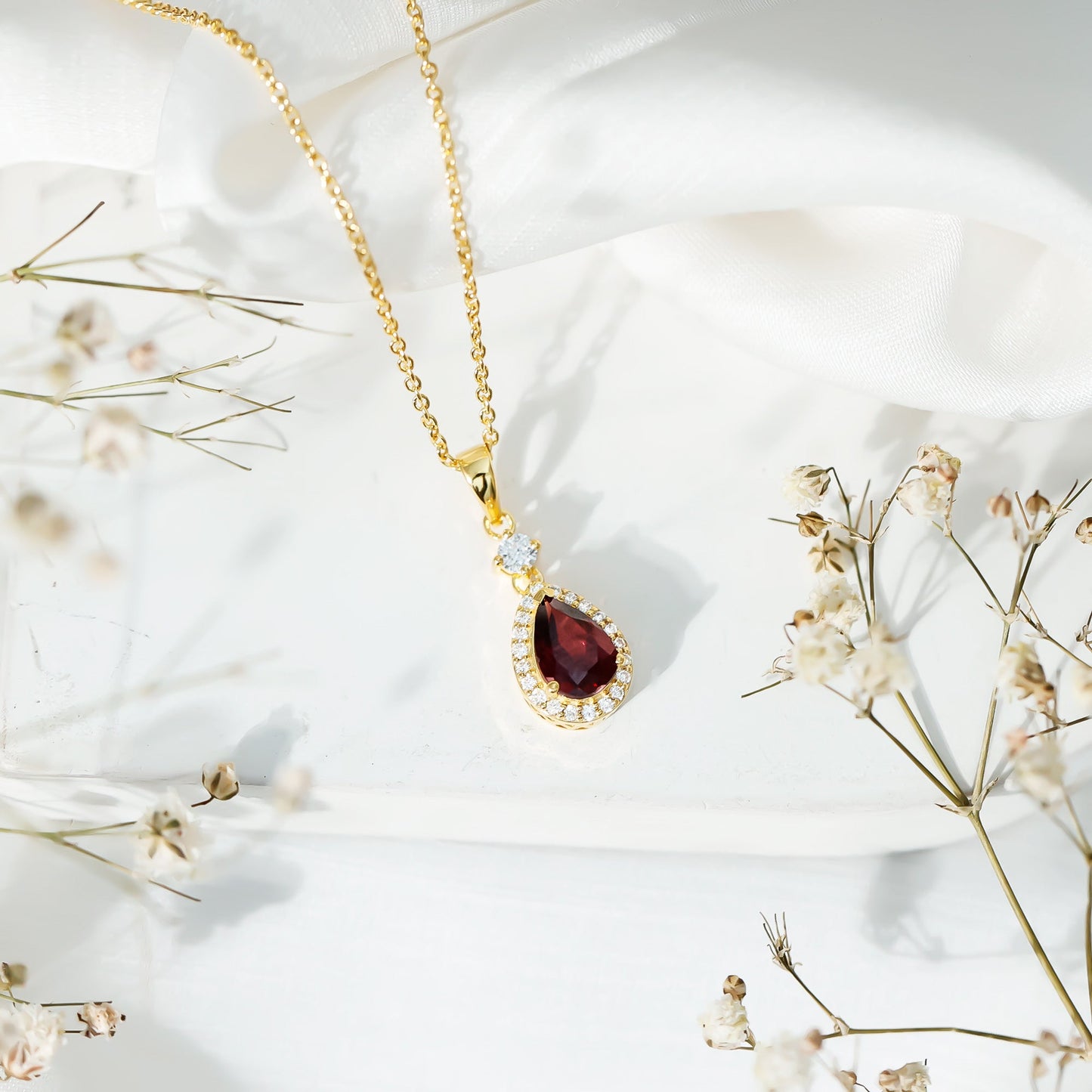 Certified 1.5 Carat Rhodolite Teardrop Necklace with Diamond Halo