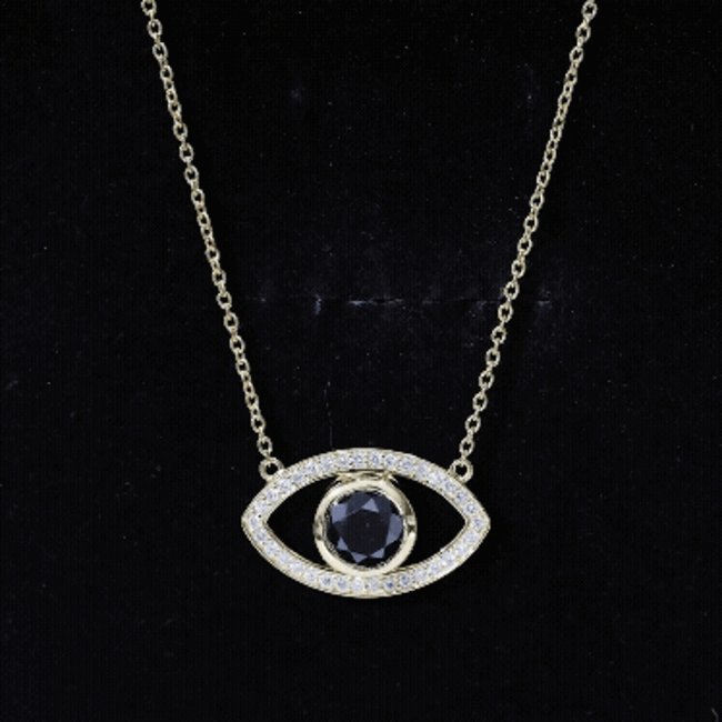 Natural 1.6 Carat Black Diamond Evil Eye Necklace in Yellow Gold Plated Silver