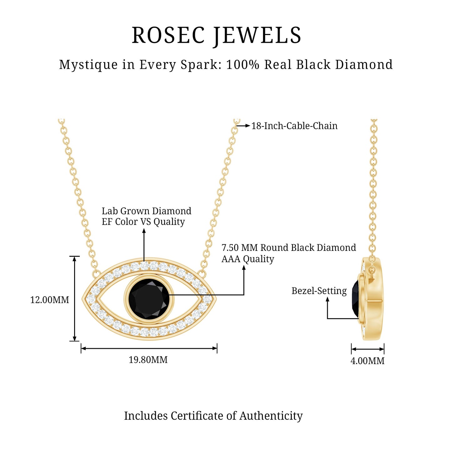 Natural 1.6 Carat Black Diamond Evil Eye Necklace in Yellow Gold Plated Silver
