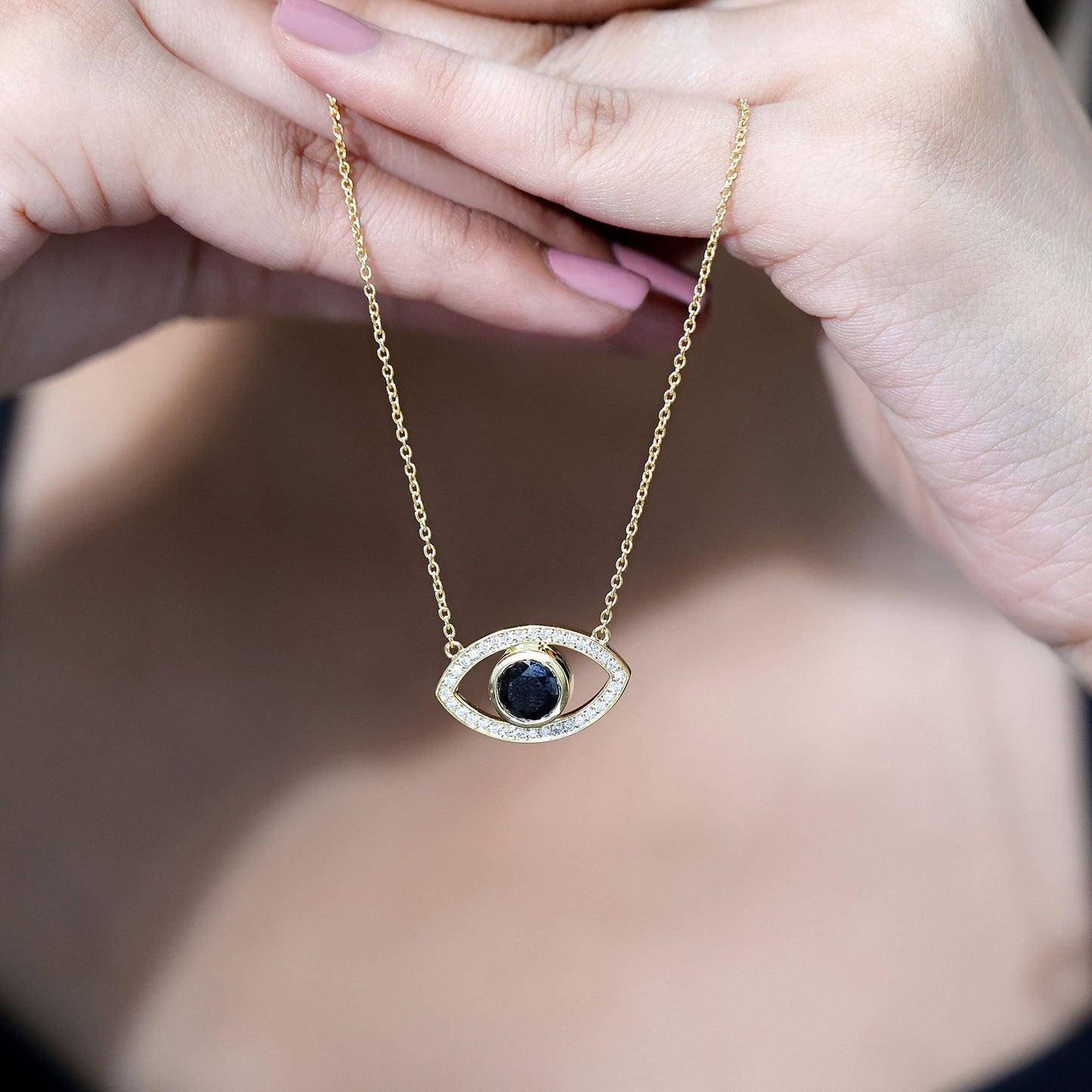 Natural 1.6 Carat Black Diamond Evil Eye Necklace in Yellow Gold Plated Silver