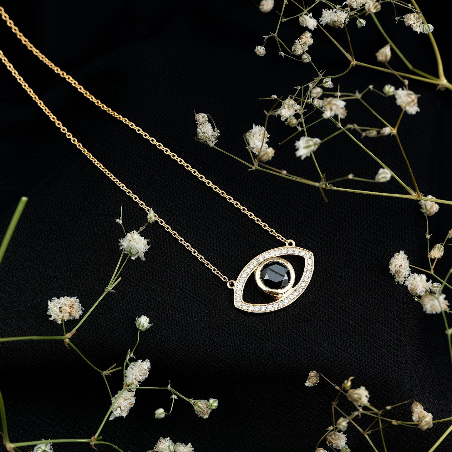 Natural 1.6 Carat Black Diamond Evil Eye Necklace in Yellow Gold Plated Silver