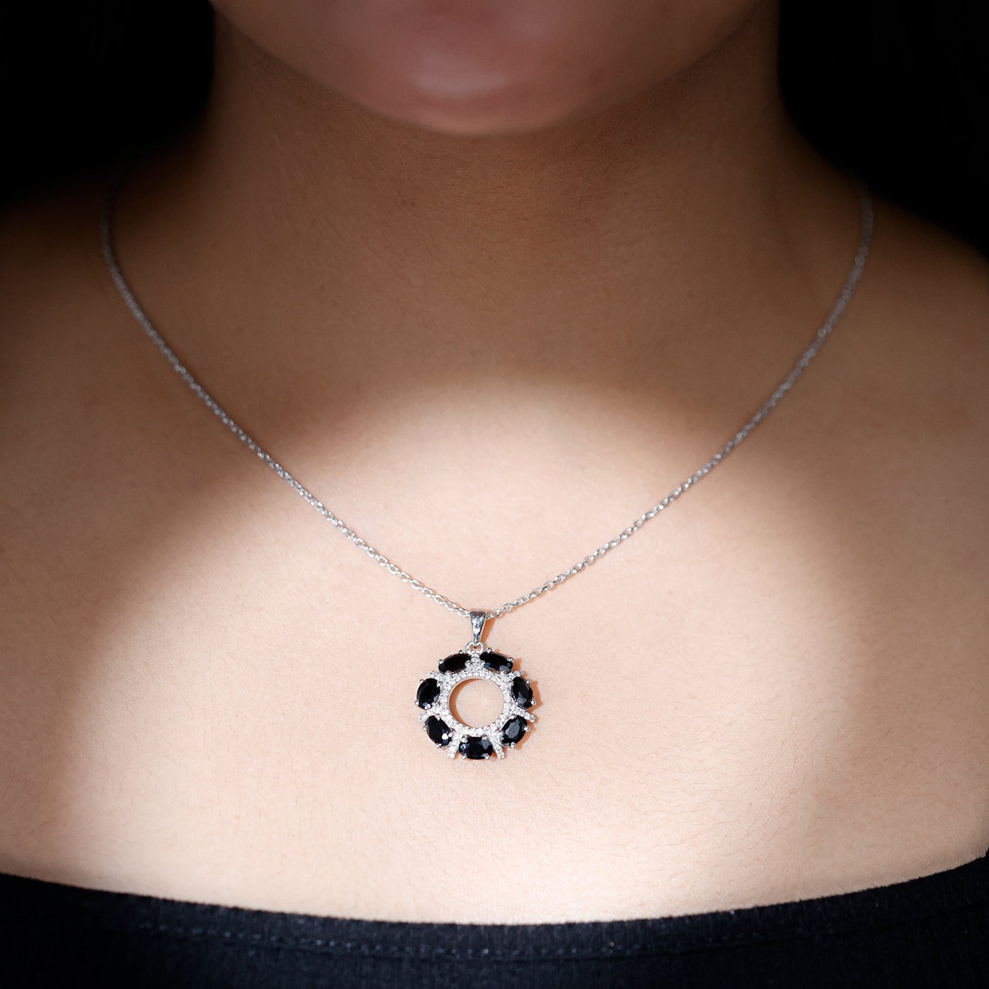 3 CT Oval Cut Black Spinel Eternity Necklace with Silver Chain