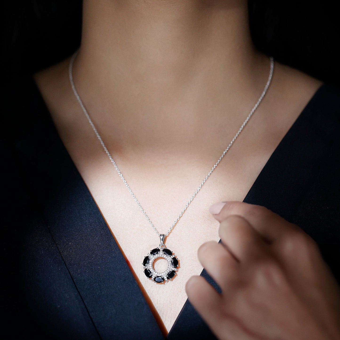 3 CT Oval Cut Black Spinel Eternity Necklace with Silver Chain