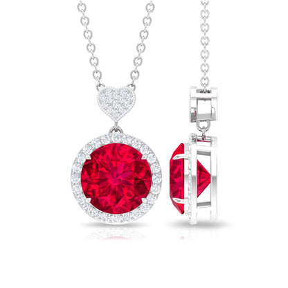 2.3 Carat Lab Created Ruby Halo Necklace with Diamond Heart
