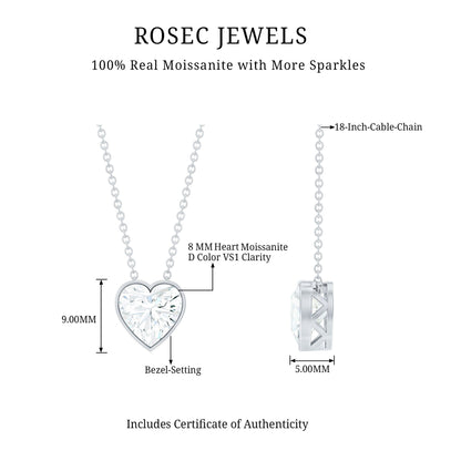 2 Carat Heart Shape Moissanite Solitaire Necklace in Bezel Setting