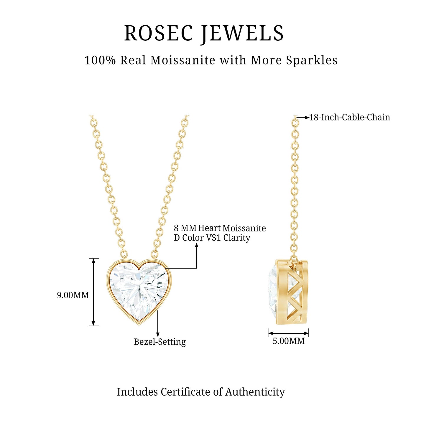 2 Carat Heart Shape Moissanite Solitaire Necklace in Bezel Setting