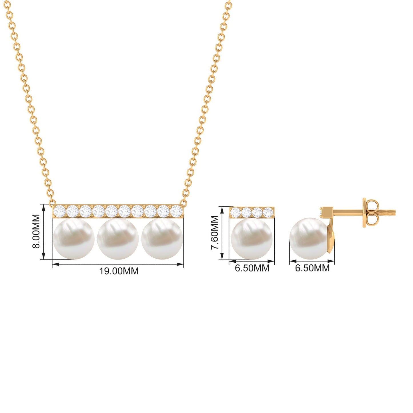Freshwater Pearl Classic Three Stone Bar jewelry Set with Diamond