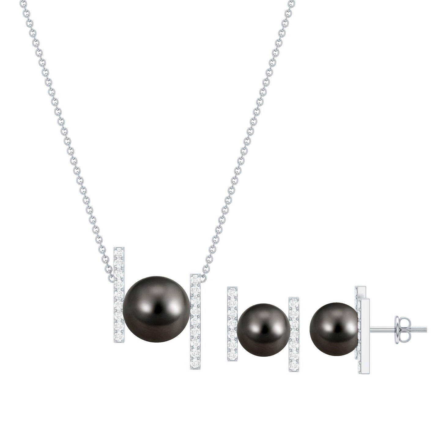Genuine Black Tahitian Pearl Necklace and Earrings Set with Moissanite