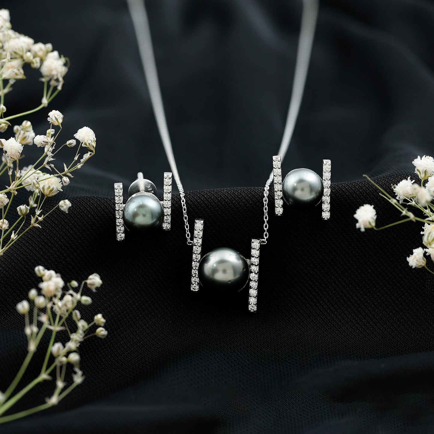 Genuine Black Tahitian Pearl Necklace and Earrings Set with Moissanite