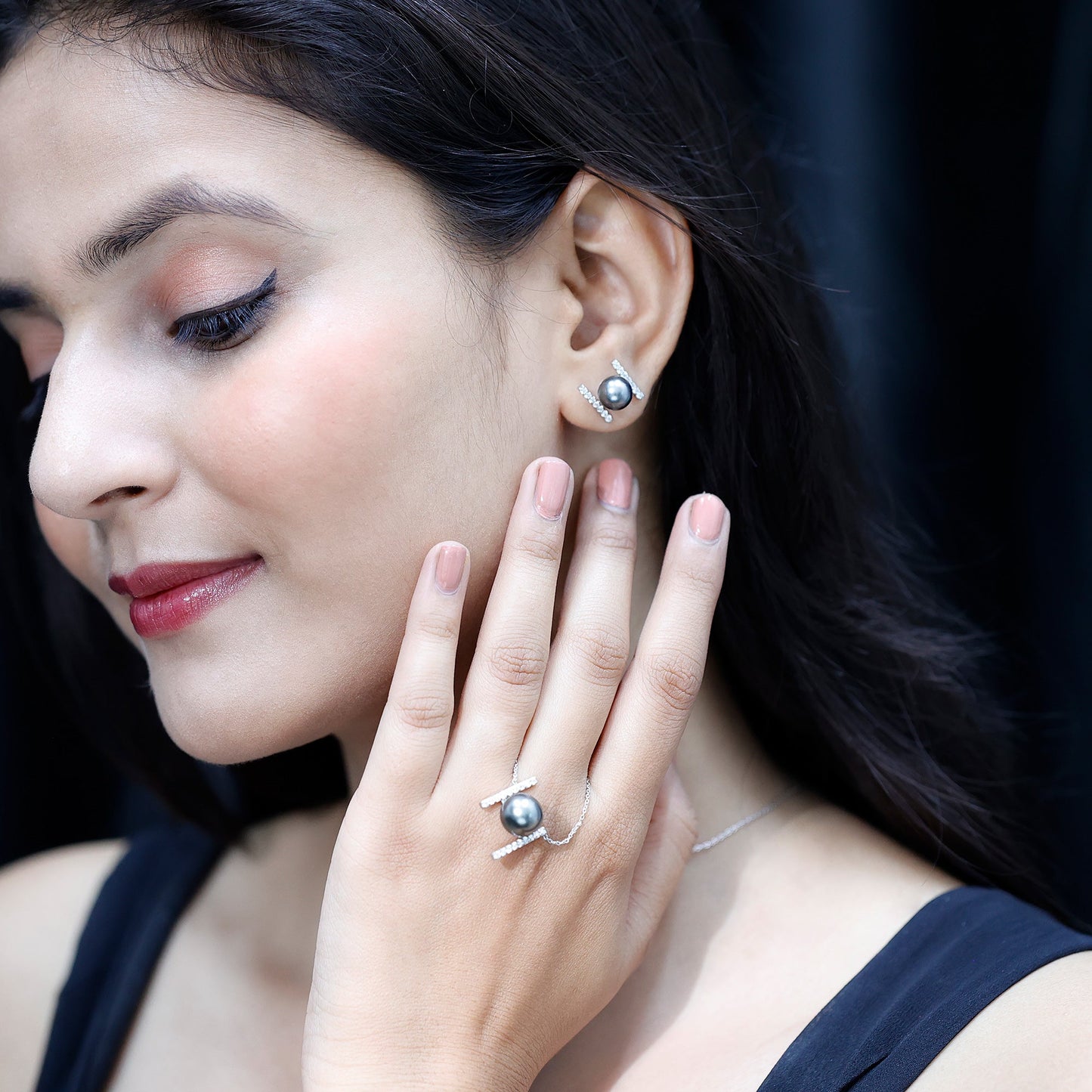 Genuine Black Tahitian Pearl Necklace and Earrings Set with Moissanite