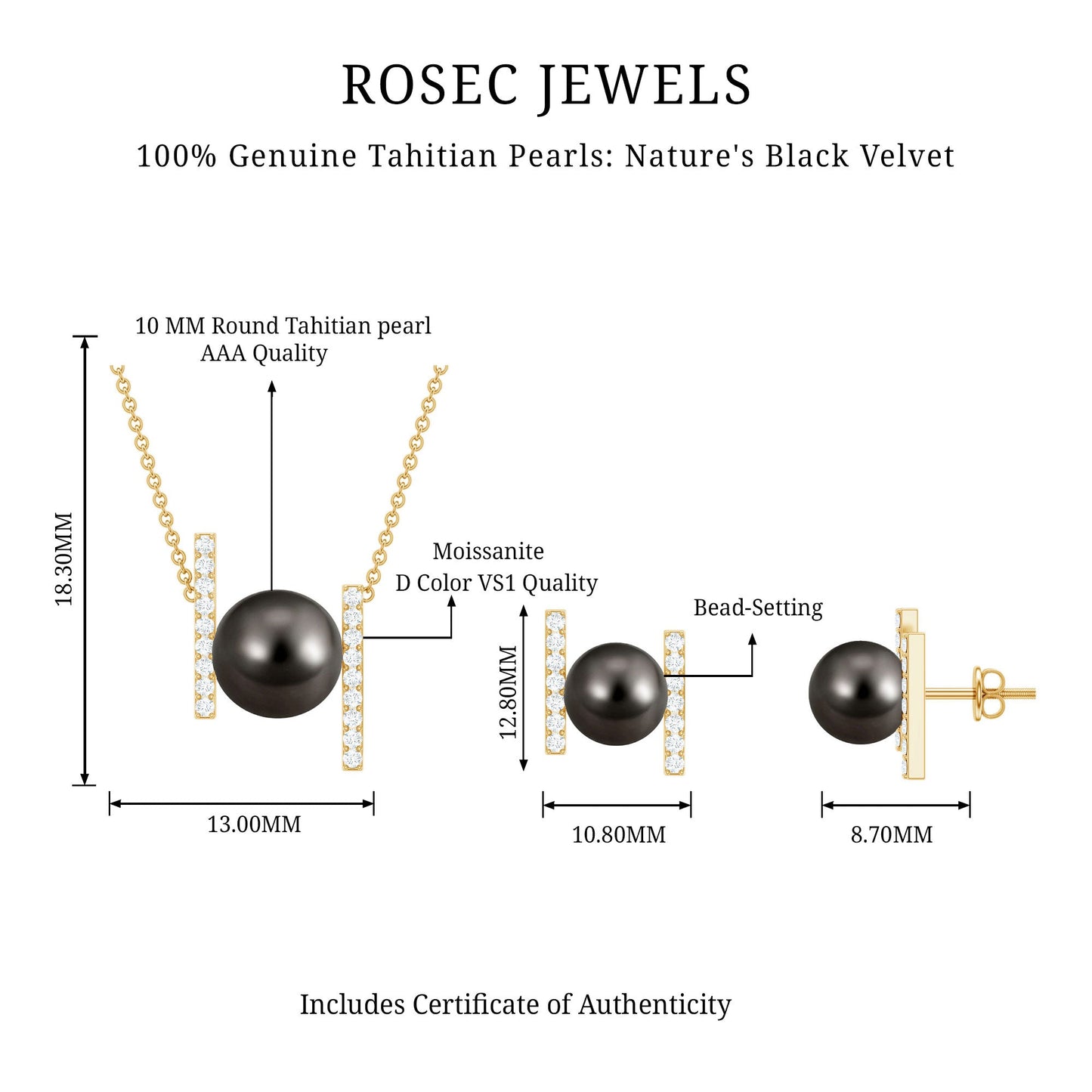 Genuine Black Tahitian Pearl Necklace and Earrings Set with Moissanite