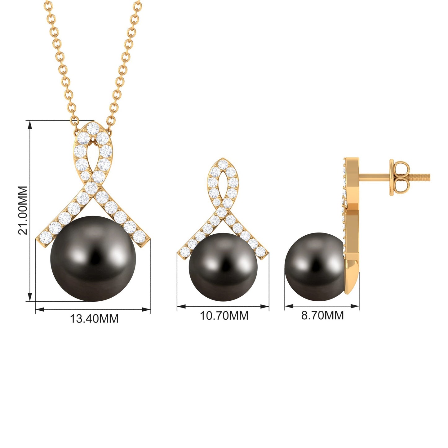 Solitaire Tahitian Pearl Pendant and Earrings Set with Diamond